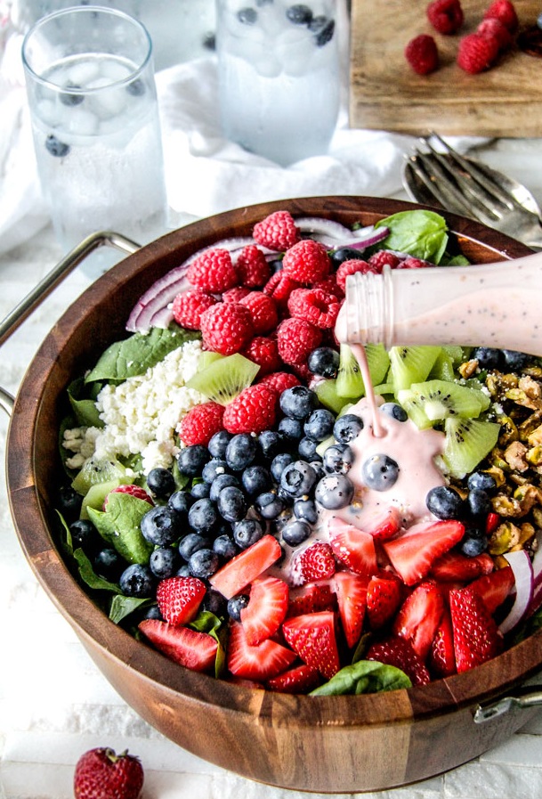 Berry Spinach Salad with Caramelized Pistachios & Strawberry Poppy Seed Dressing