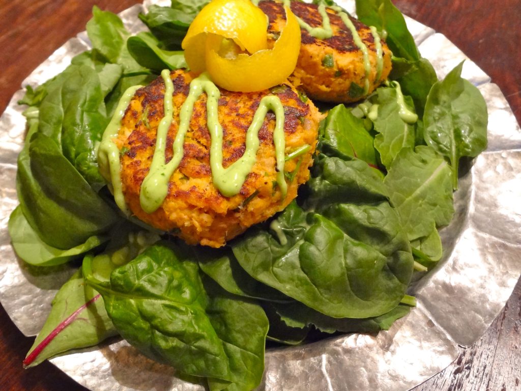 Salmon Croquettes with Avocado Lime Dressing