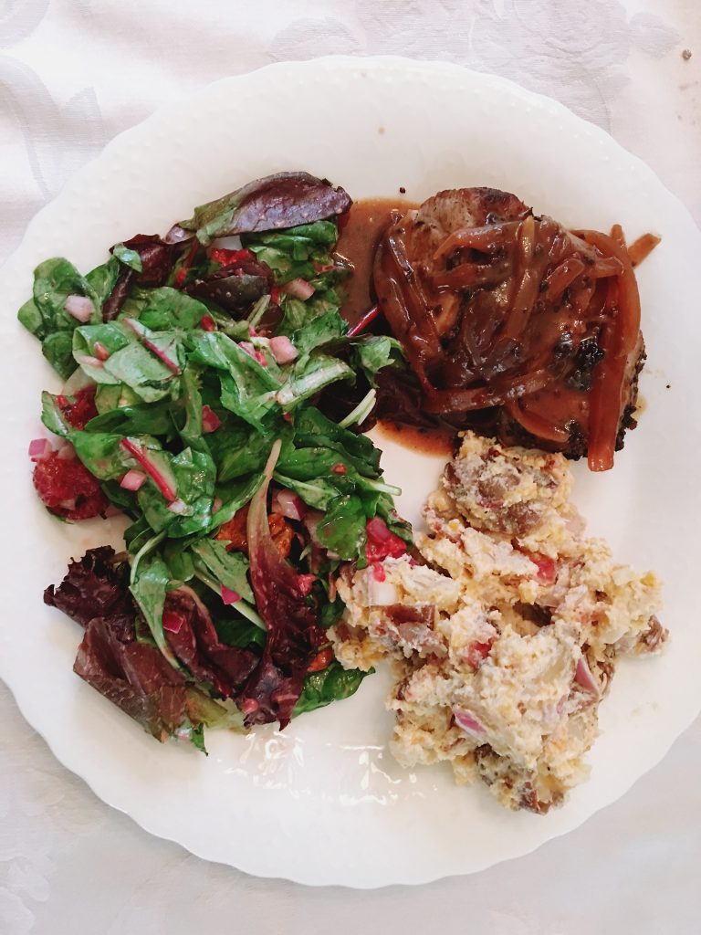 Herbed Pork Tenderloin with Cranberry Balsamic Sauce & Cheesy Baked Potato Salad