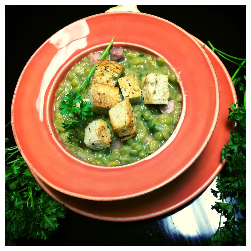 Rustic Split Pea Soup with Crispy Garlic Croutons