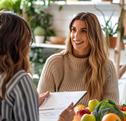 couple of women talking with smile