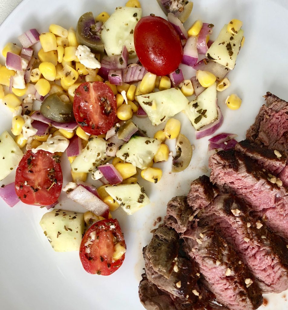 Greek Corn Salad with Grilled Steak
