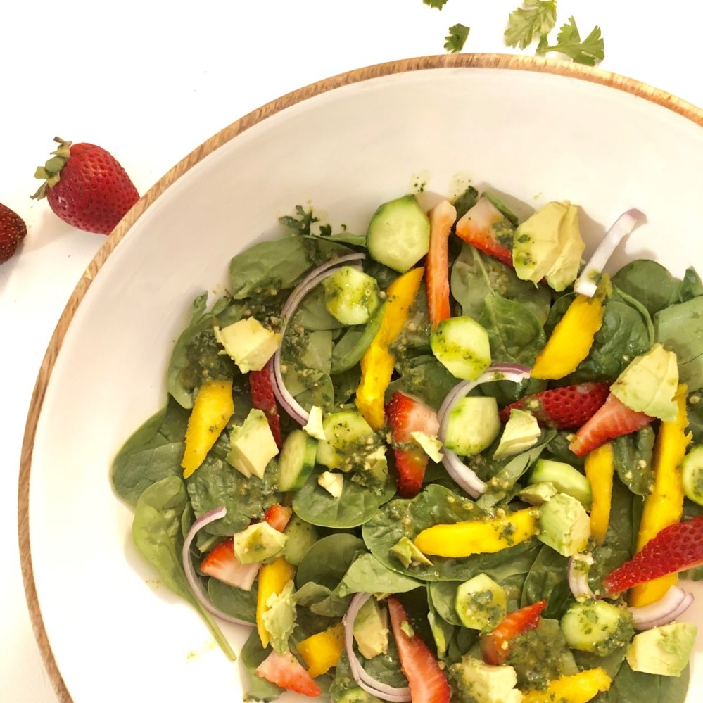 Mango Strawberry Spinach Salad with Cilantro-Lime Dressing
