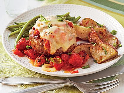 Smothered Swiss Burgers with Fire-Roasted Tomatoes